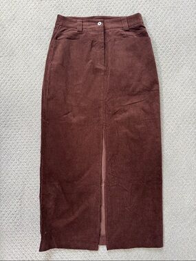 Commense Chocolate Brown Corduroy Midi Skirt with Center Slit